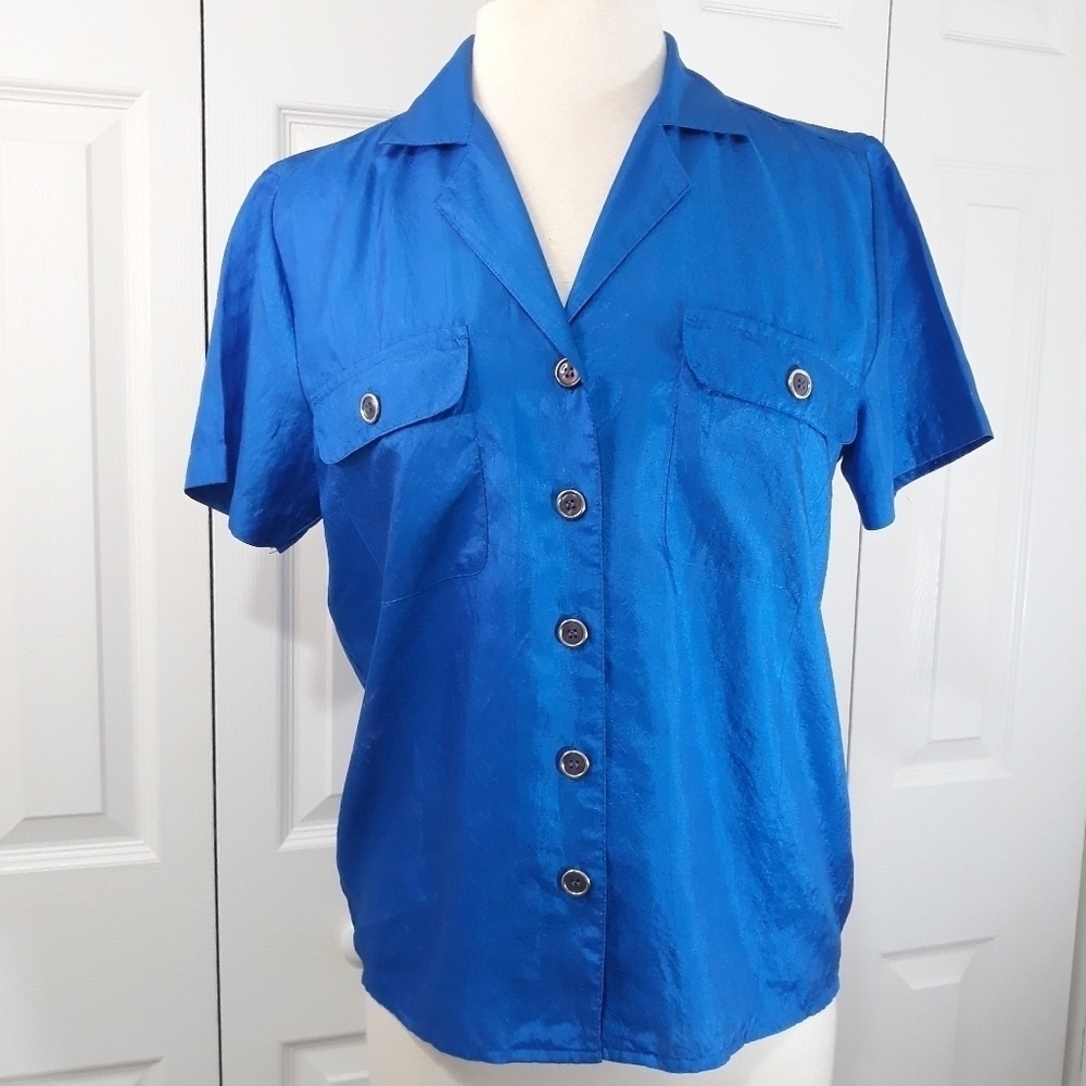 Vintage Laura & Jayne Blouse Button Down Short Sleeves Royal Blue Shirt 10